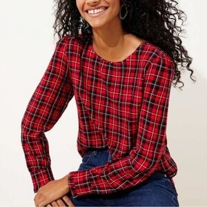 NWT LOFT Womens Red Tartan Plaid Blouse 14